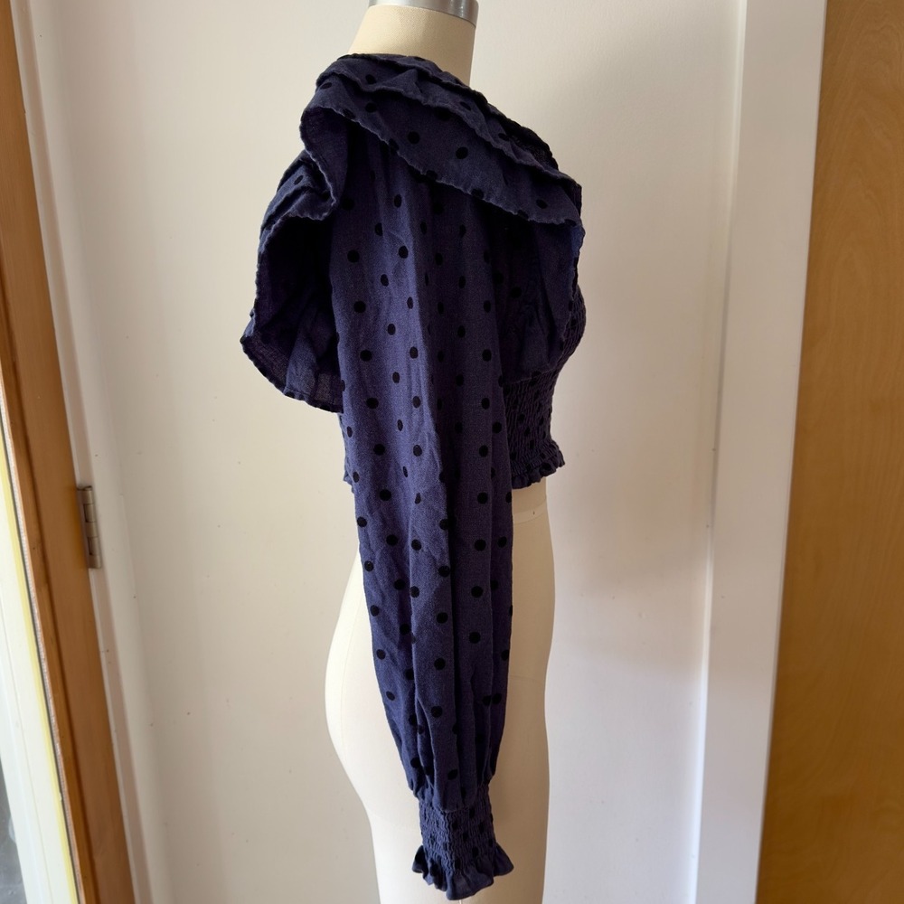 ZARA Polka Dot Smocked Ruffle Crop Top-Long Balloon Sleeve-Boho Festival-Blue - Picture 3 of 16